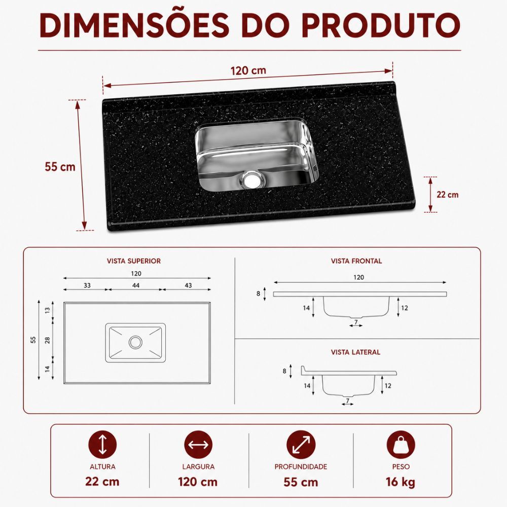 Tampo de Pia com Cuba Inox Rorato 120x55cm · foto 2