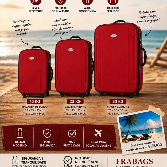 Mala de viagem com Cadeado Pequena Media e Grande Viagem de Bordo