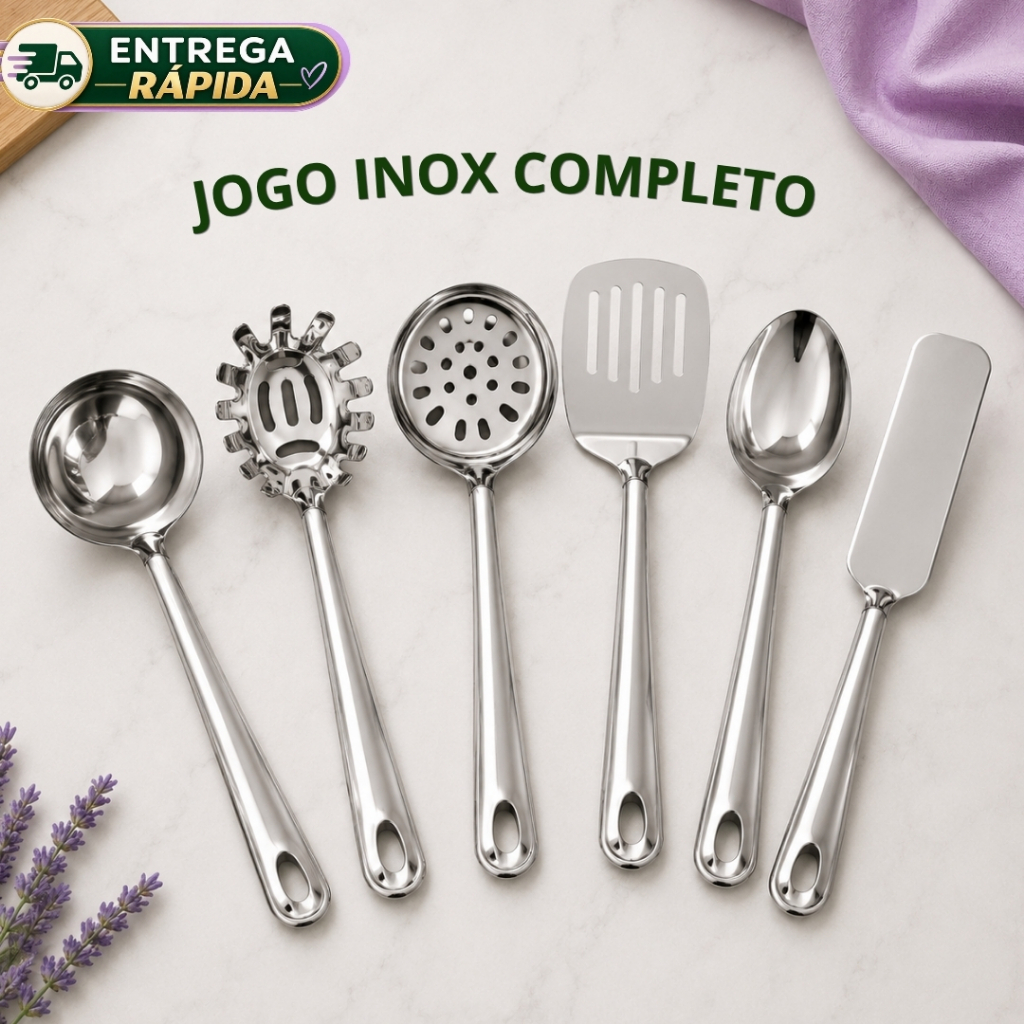 Kit Utensílios de Cozinha Inox Jogo Completo Concha Escumadeira Colher Espátula Pegador de Massa