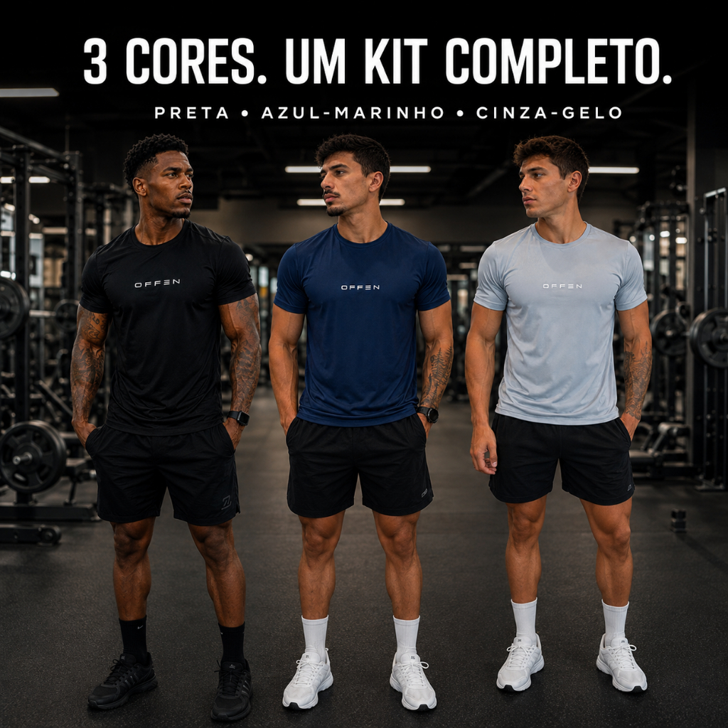 Kit 3 Camisetas Masculinas Academia Dry Fit com Elastano Antiodor Tecido Frio Esportivas OFFEN