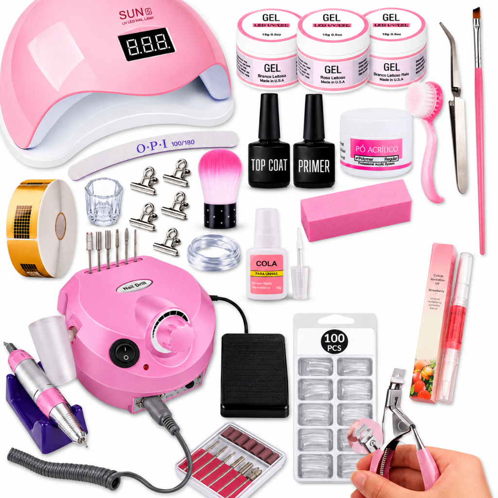 Kit Unhas em Gel Completo Profissional Manicure Cabine Sun5 Lixadeira Porquinho