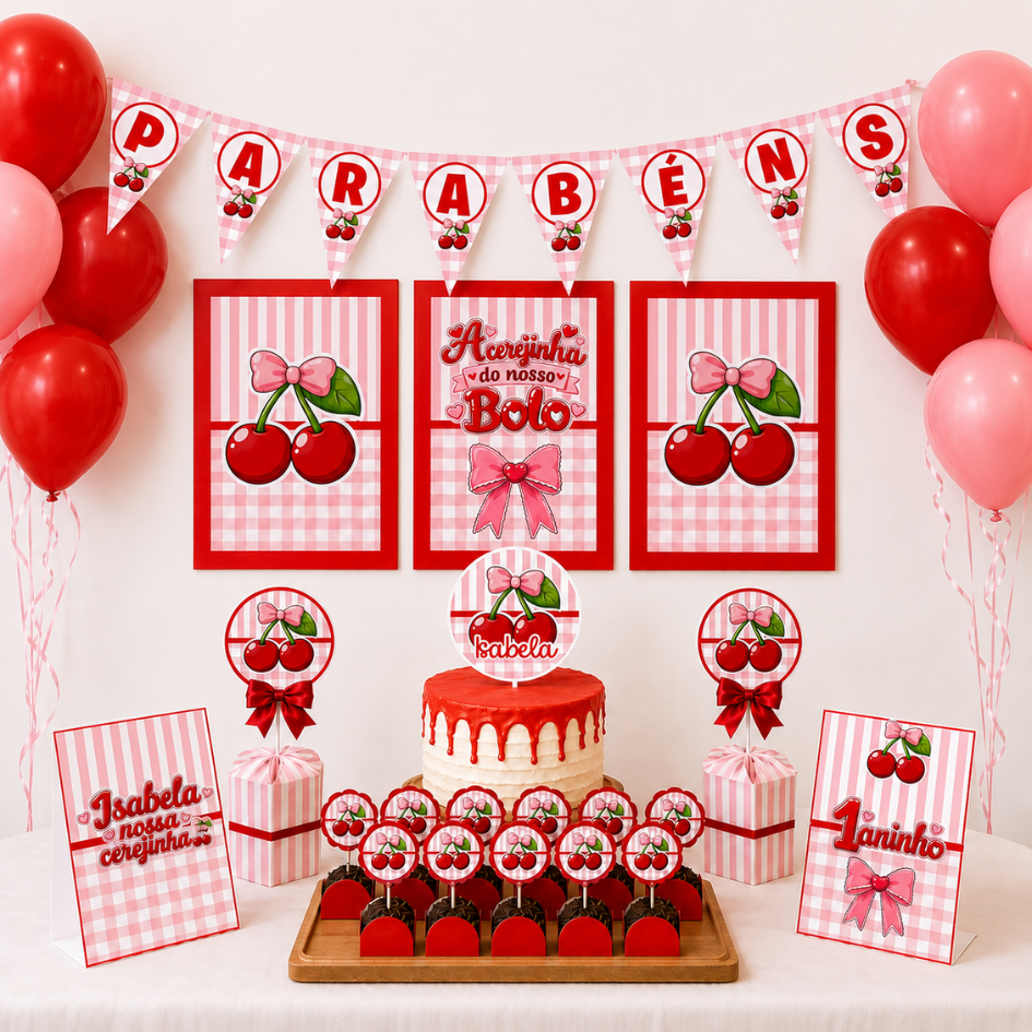 Kit Só um Bolinho Cerejinha Personalizado Aniversário Mesversário Festa Decoração