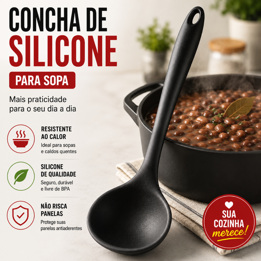 Concha de Silicone para Sopa Feijão Caldos Utensilios para Cozinha Talheres Coloridos Preta Vermelha