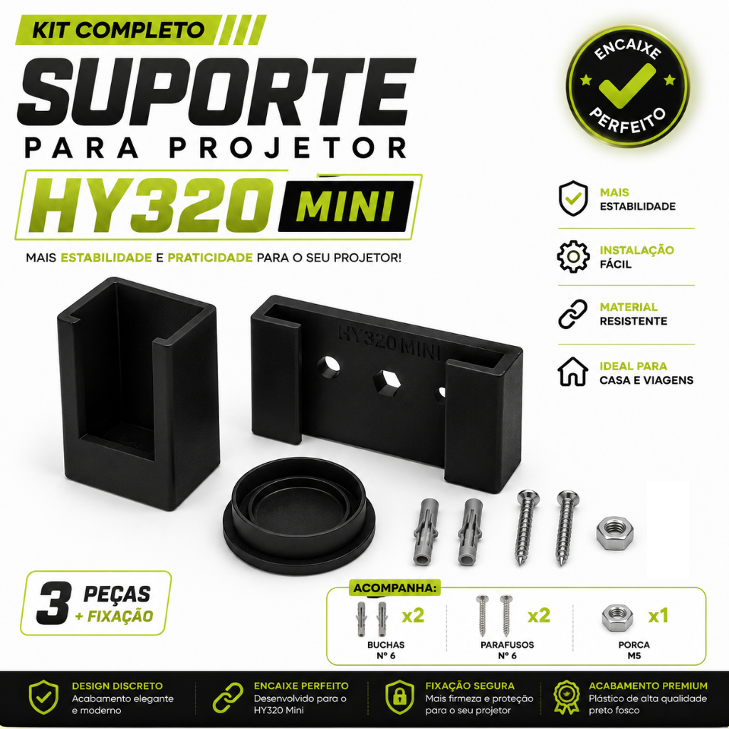 Suporte para Projetor HY320 Mini Parede Teto | Kit Completo de Fixação Preto