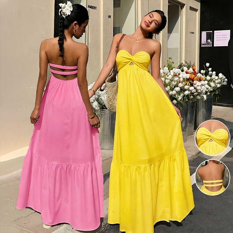 Vestido Elegante Feminino Longo Sem Alças Vestido Maxi Estilo Boêmio Férias de Primavera e Verão