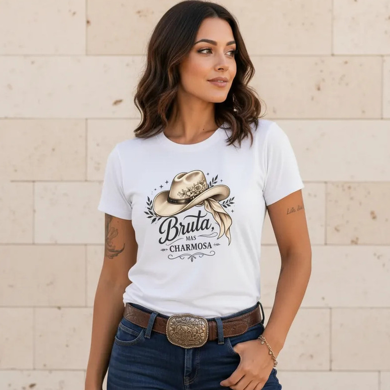 Camiseta T-shirt Moda Country Bruta Mas Charmosa Cowgirl 100% Algodão Manga Curta
