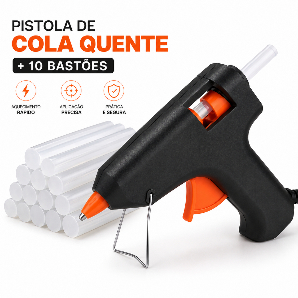 Pistola de Cola Quente Pequena Bivolt Profissional Revolver + 10 Bastões De Cola Quente