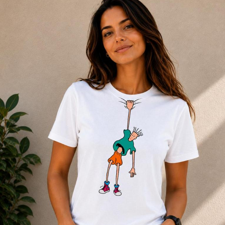 Camiseta Feminina Estampada Personagem Pendurado Divertida Casual Confortável