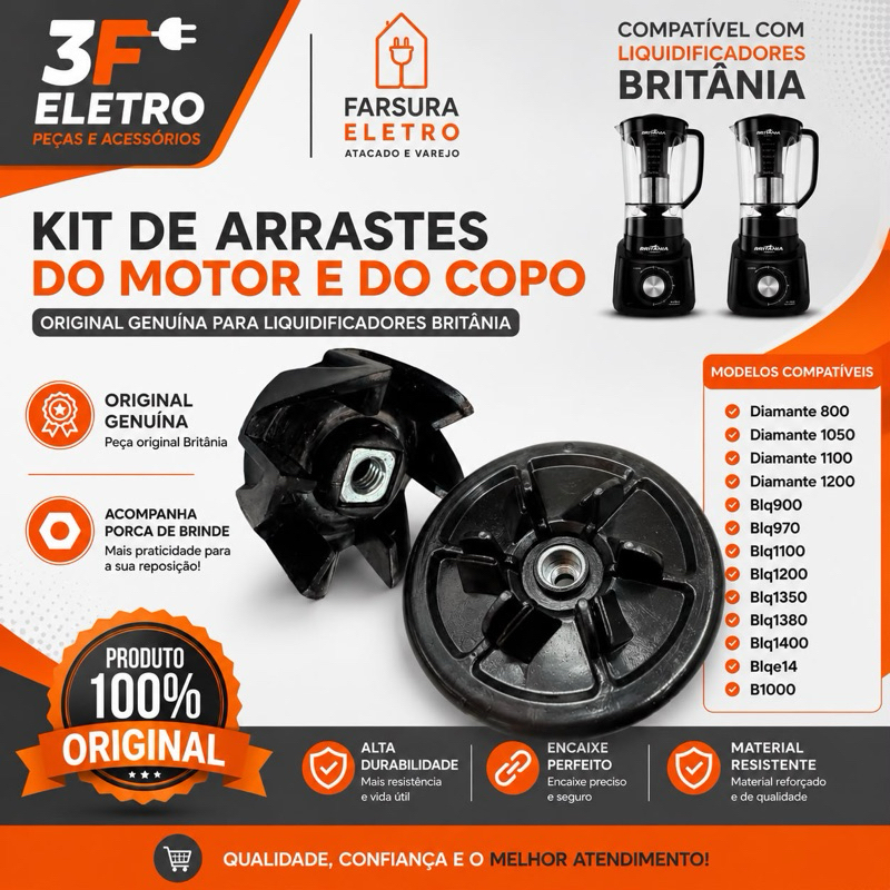 Arraste Original Motor e Copo Liquidificador Britania Diamante 800 Diamante 900 Diamante 1050w / B1000