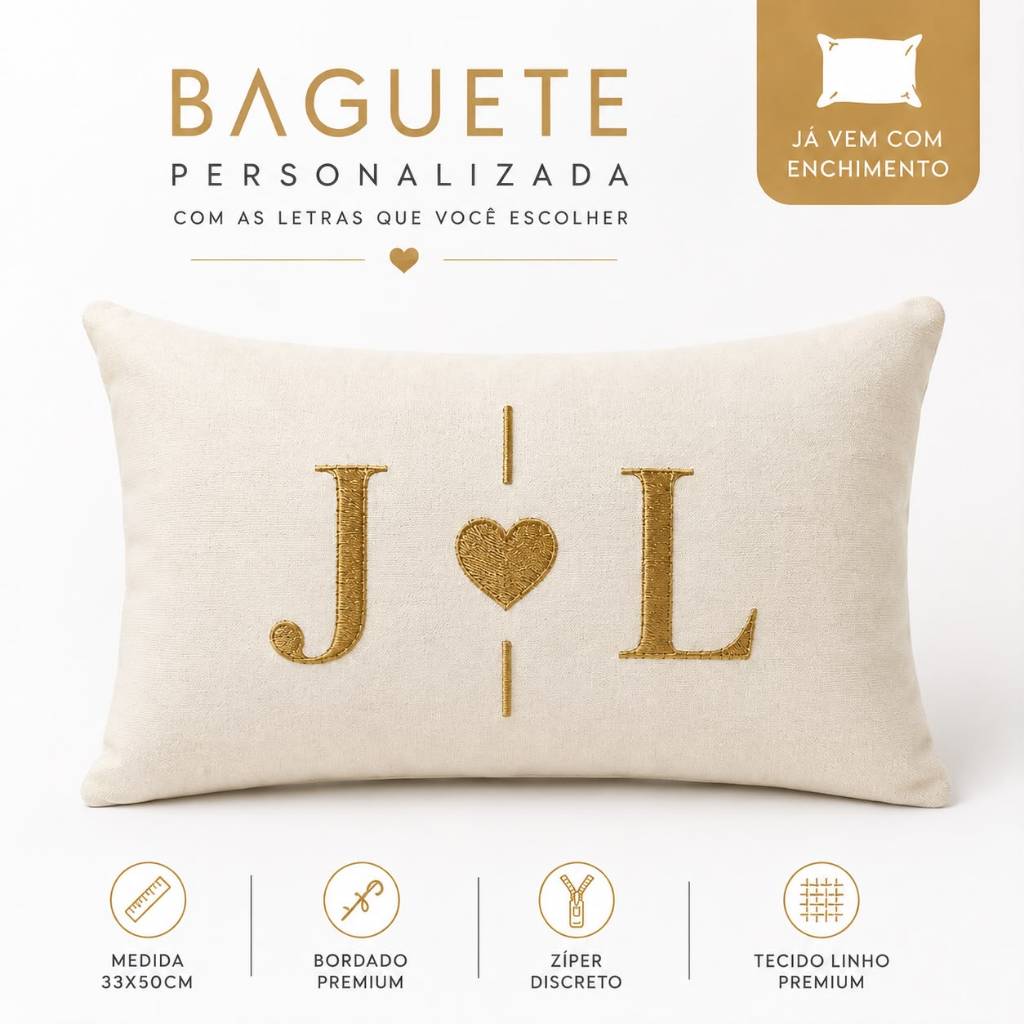 Almofada Baguete Personalizada com Iniciais Bordadas em Linho 33x50 com Enchimento