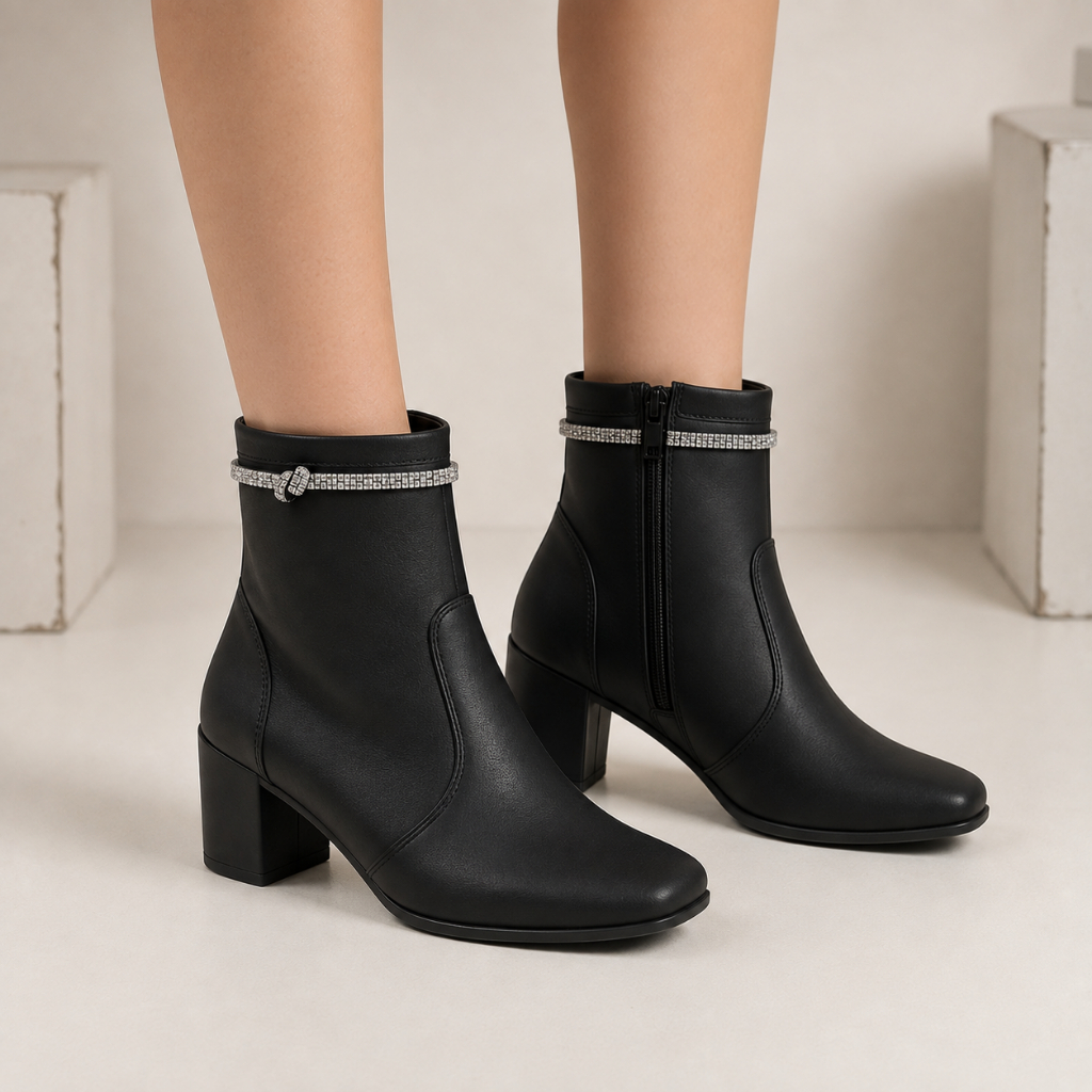 Bota feminina salto bloco strass brilho bico quadrado tira de strass brilho