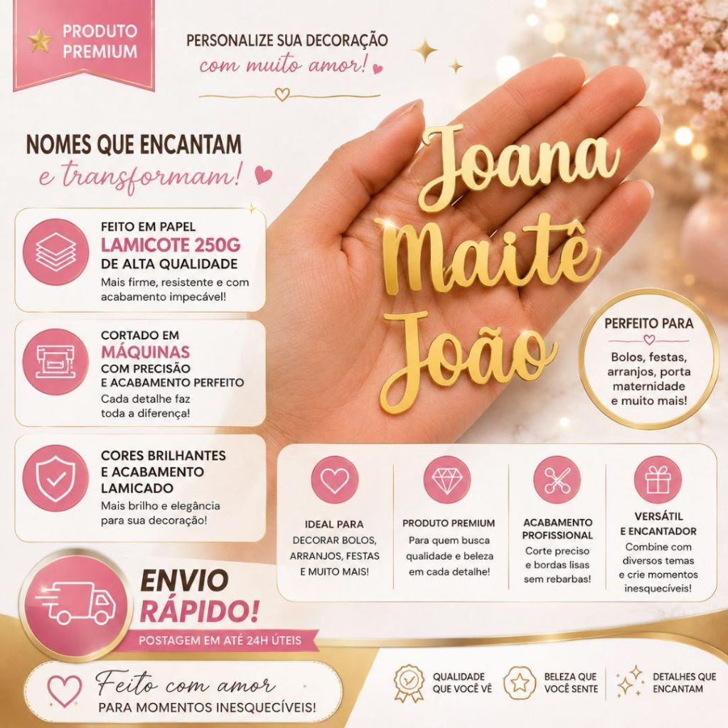 Kit Aplique de Nome Dourado Personalizado | Lamicote 250g | Decoração para Lembrancinhas e Festas