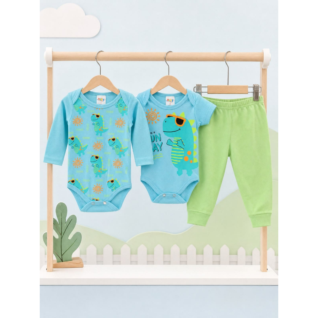 Kit conjunto 3 peças Bebê Body manga curta Body manga longa mijão masculino feminino 100% algodão estampas aleatórias