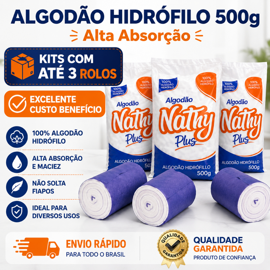 Algodão Hidrófilo Rolo 500g Nathy Alta Absorção Hospitalar, Manicure, Limpeza, Uso Geral 100% Algodão Branco
