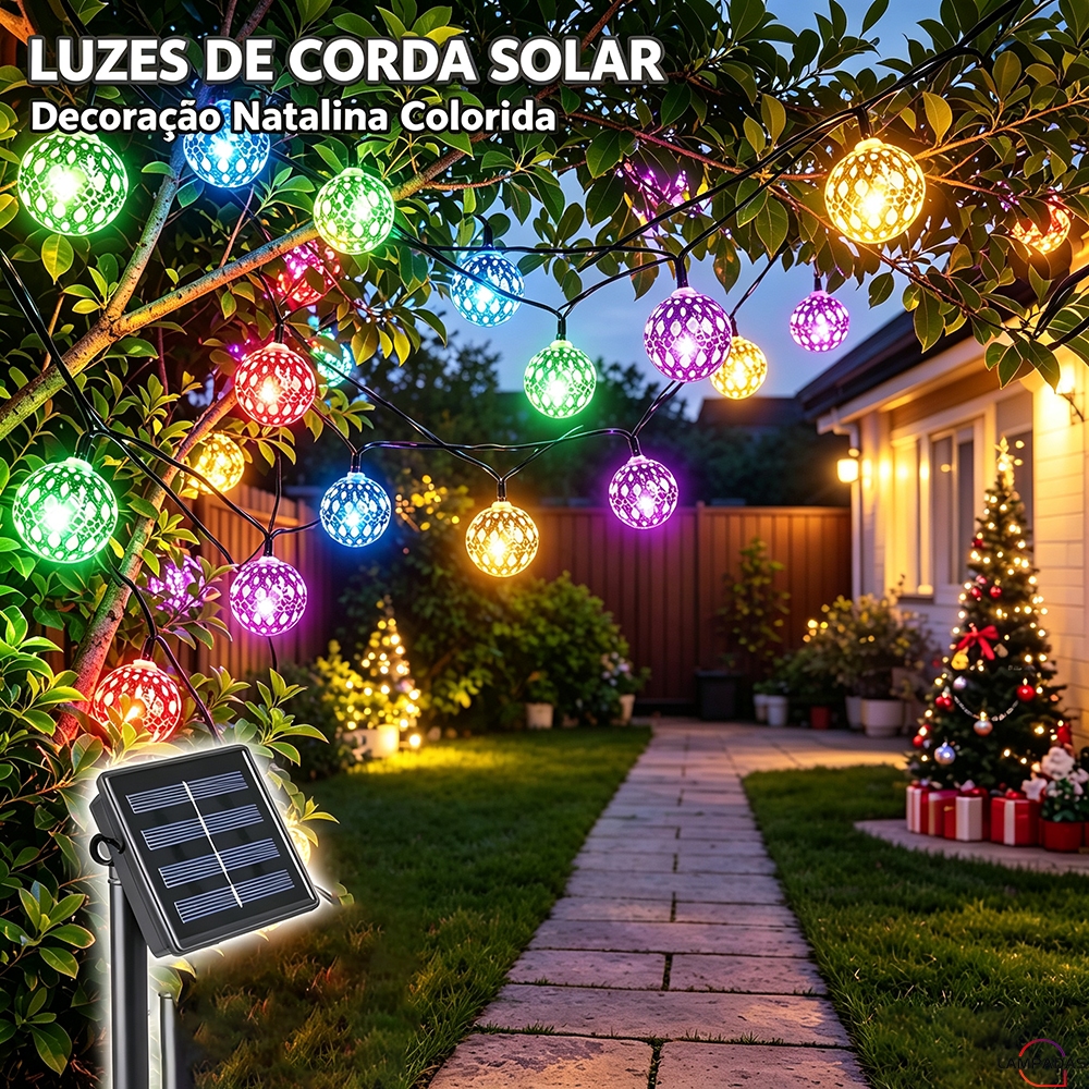 Pisca Pisca Solar Cordão Luz Bola Led Colorida 5M Para Decoração Externa Natal Casa Jardim Fim De Ano