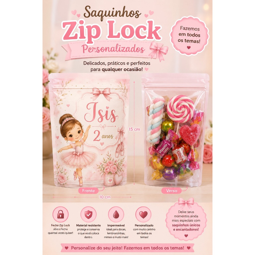 Saquinho Zip Lock Personalizado 10x15cm Lembrancinha Aniversário Chá Bebê Revelação | Qualquer Tema