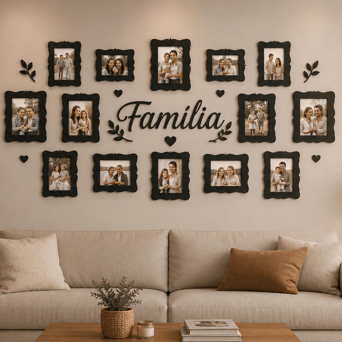 Porta-Retrato Família Kit 14 Quadros Moldura Fotos 10x15 em MDF Preto – Decoração de Parede Grande
