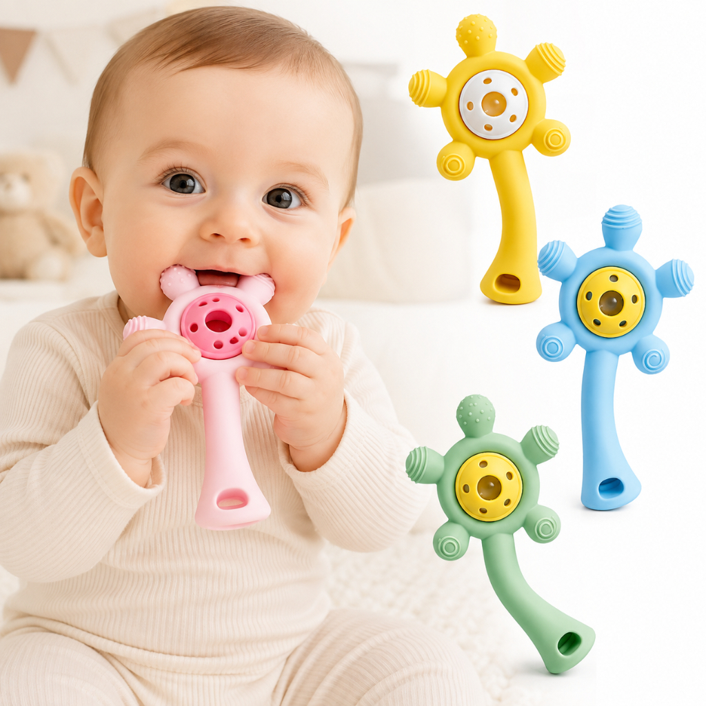 Mordedor Bebe de Mão Chocalho Sensorial Dentição 5 Pontas BPA FREE Silicone Massageador de Gengiva