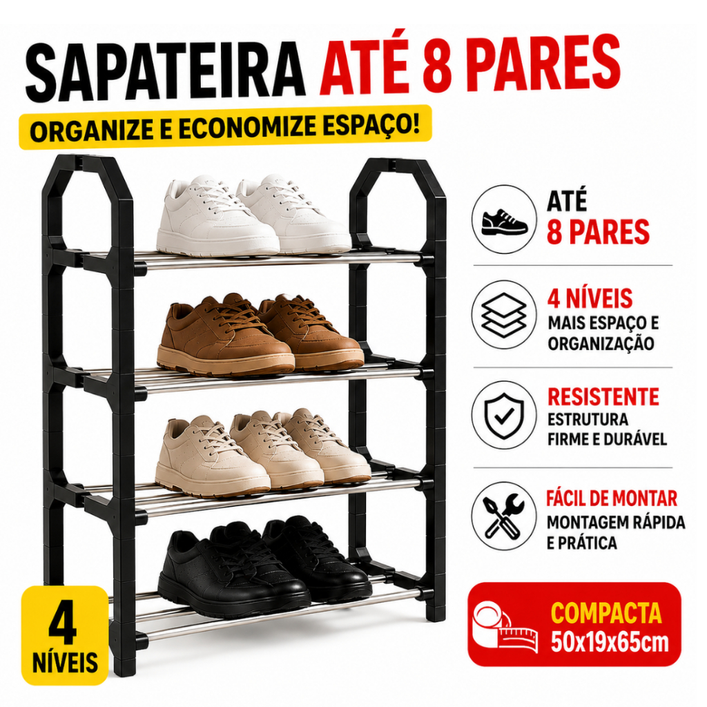 Sapateira Organizadora 4 Andares 8 Pares de Sapatos Tênis Calçados Multiuso Prateleira Quarto Closet Desmontável Prática