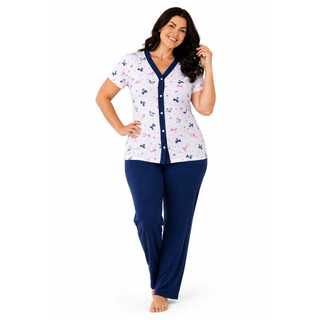 Pijama Feminino Aberto Americano Meia Estação Manga Curta e Calça Comprida