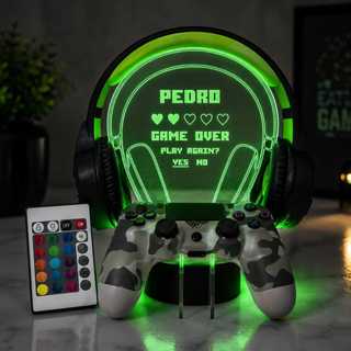 Suporte Gamer com LED RGB Personalizado – Porta Headset e Controle com Nome Gravado a Laser