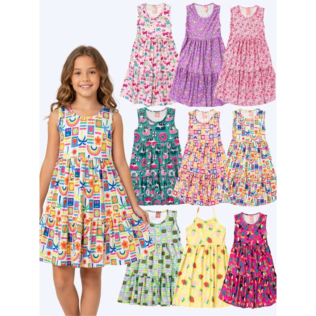 Kit 1/2 ou 5 Vestido Infantil Menina Suplex Fresquinho Confortável 1 ao 12 Anos Sortido Roupa Menina