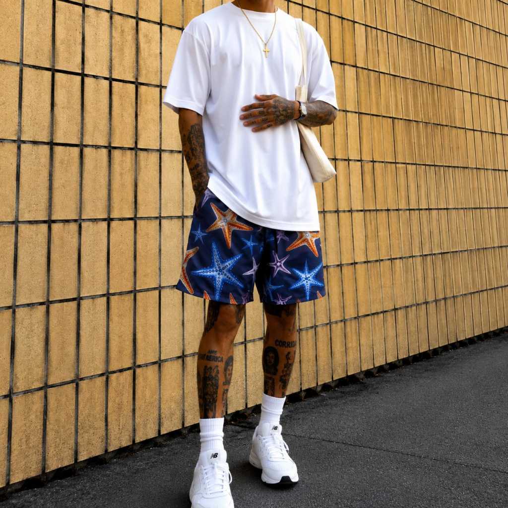Shorts Tactel Masculino Estampado Estrela do Mar Bermuda Oceano Elastano Streetwear Masculina Treino