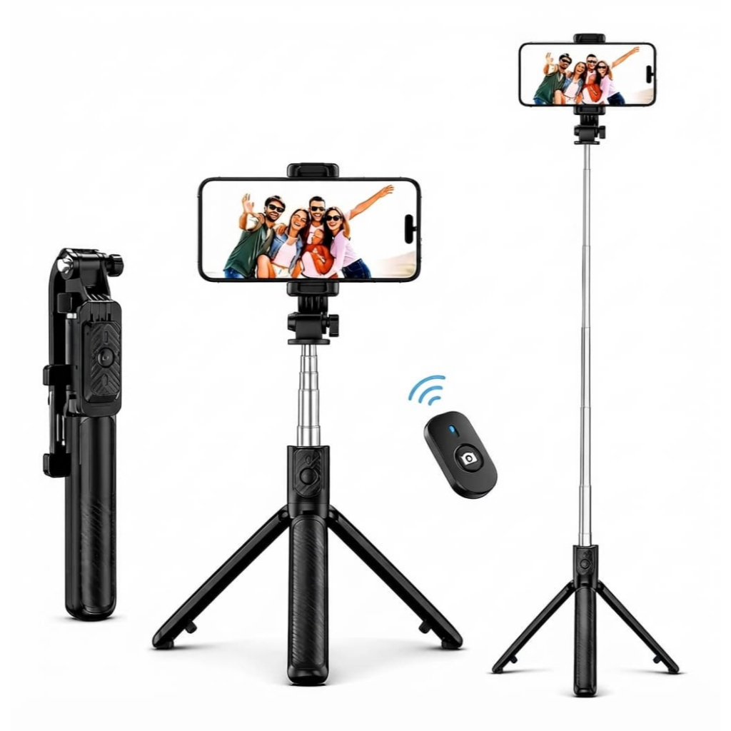 Tripé Com Apoio e Extensor Bastão de Selfie Stick Ajustável Com Luz de Preenchimento LED e Controle Remoto Bluetooth