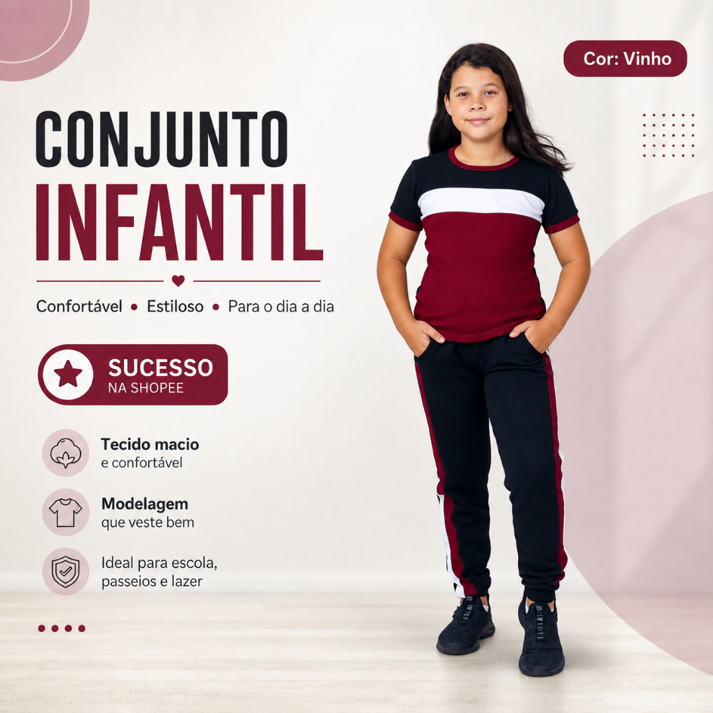 Conjunto Infantil Feminino Mescla Blusa e Calça Confortável Tamanho 10 12 14
