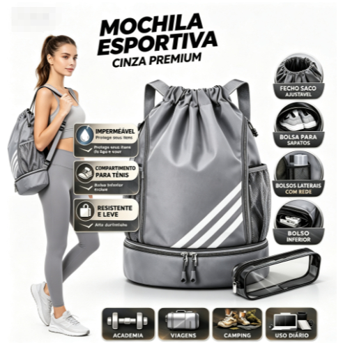 Mochila Esportiva Unissex Impermeável Grande com Compartimento para Tênis para Academia e Viagem