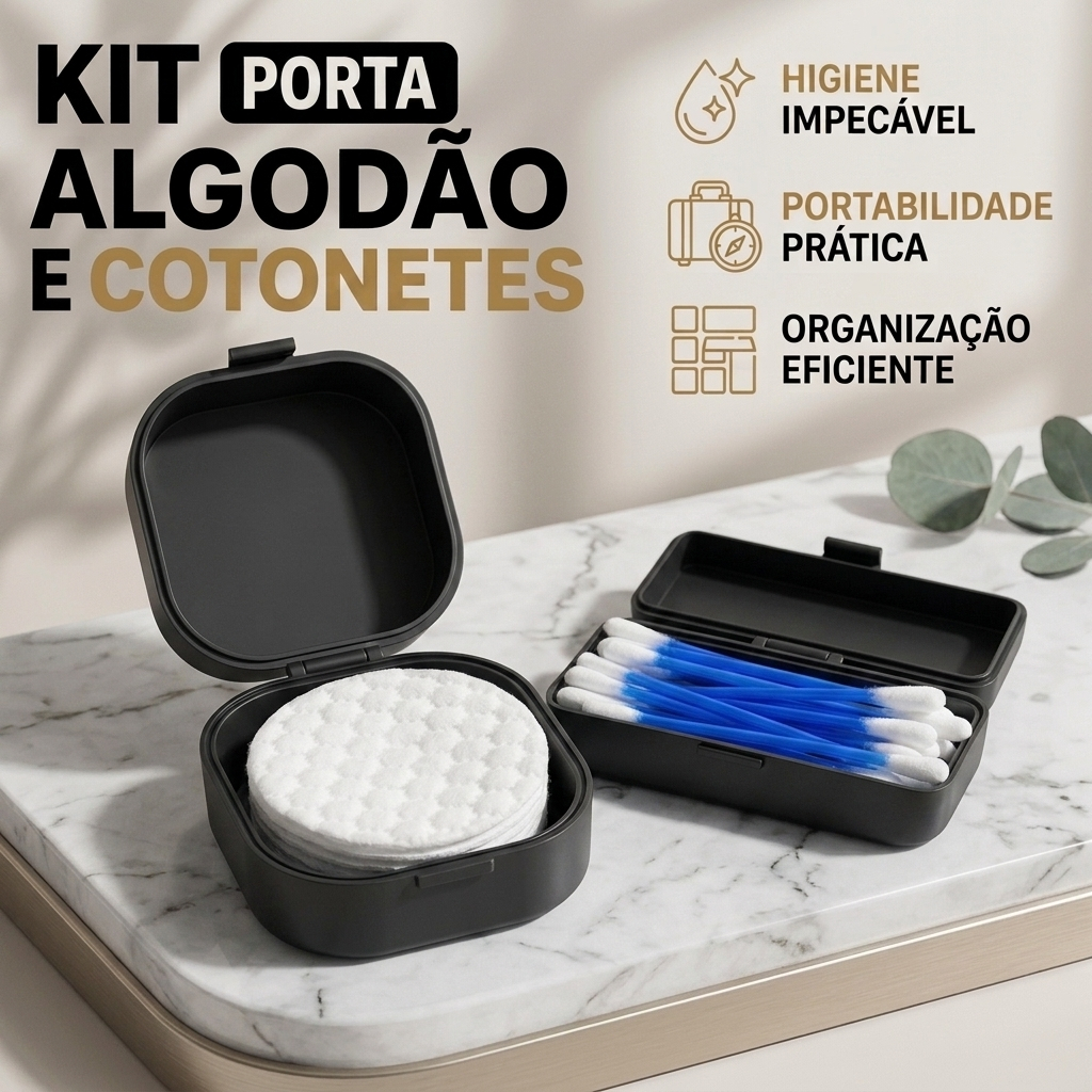 Imagem Kit 2 Estojos Porta Cotonetes e Algodão com tampa Organizador Bolsa Viagem Higiene pessoal