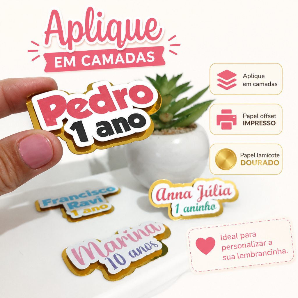 Apliques NOME 3D com LAMICOTE Dourado - Festa - Aniversário - Mesversário - Lembrancinhas