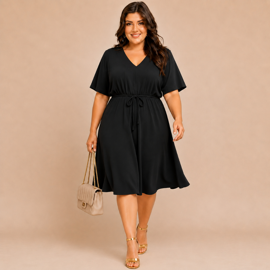 Vestido plus size midi soltinho feminino elegante casual moda evangélica com manga e cinto