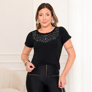 Blusa Casual Feminina Meia Manga Básica Dia a Dia Pedraria Brilhos Gola Redonda Soltinha Trabalho