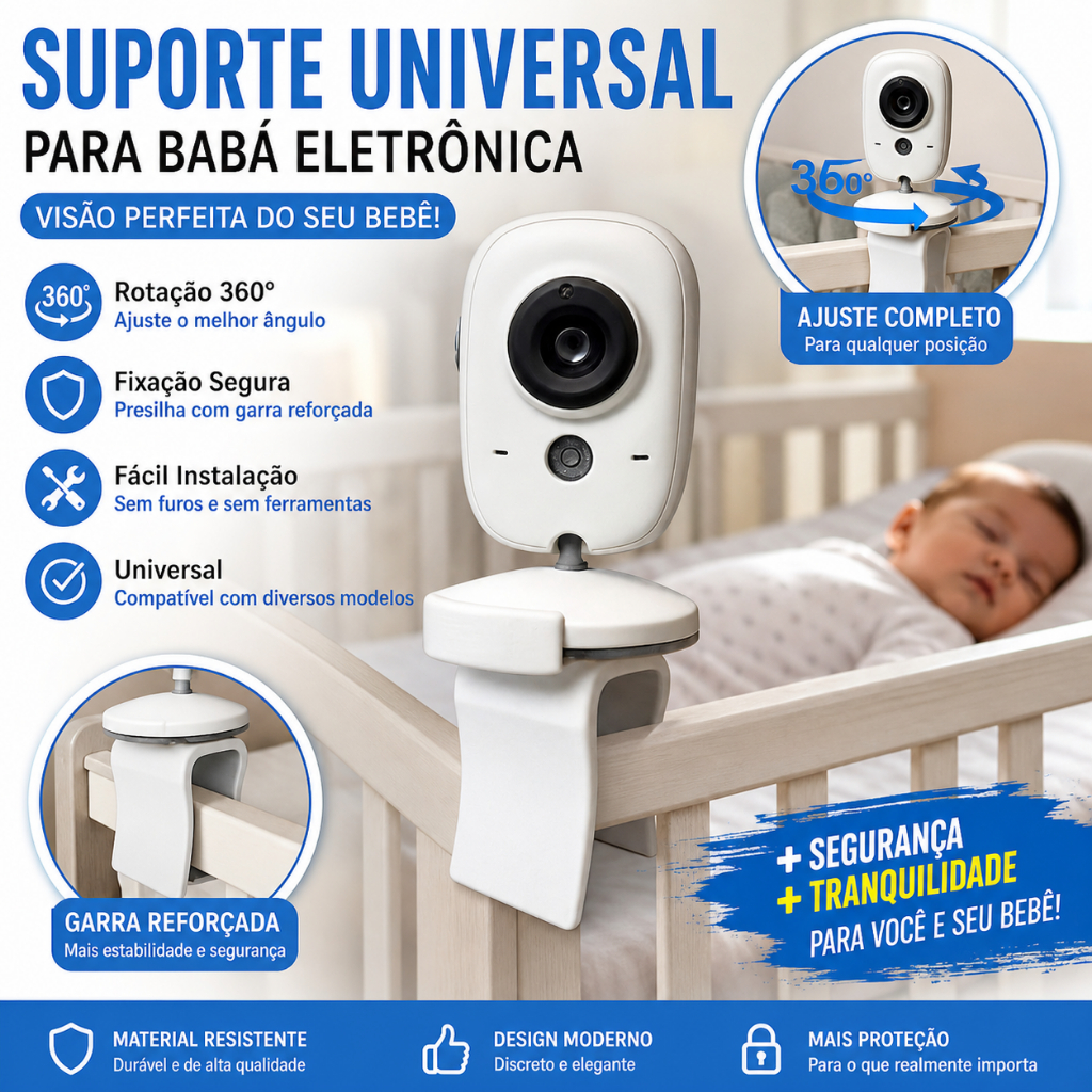 Suporte Babá Eletrônica VB-603 para Berço Universal Ajustável Flexível Câmera Bebê Baby Monitor Presilha Garra Sem Furos