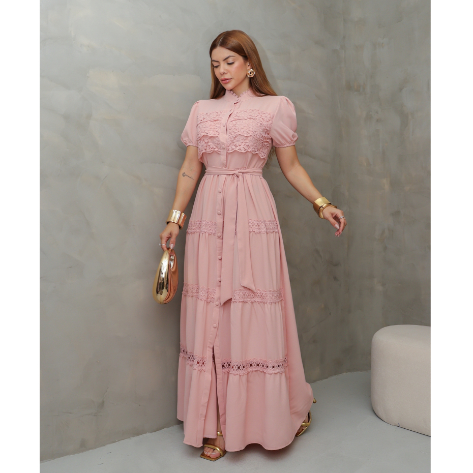 Vestido Longo Feminino com Renda Manga Curta Bufante Cinto Faixa Elegante Festa SD4040 · foto 2