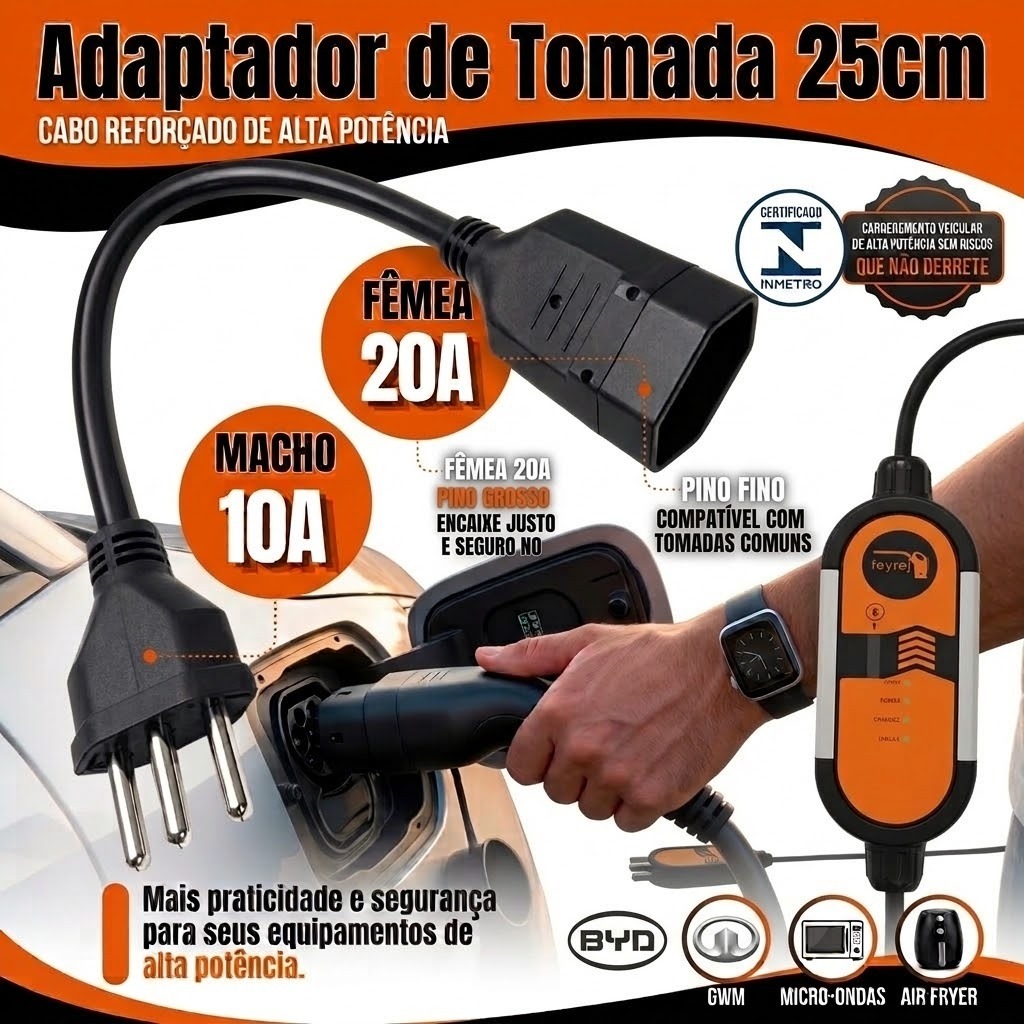 Adaptador de Tomada 20A para 10A 25cm Bivolt Para Carros Elétricos BYD GWM Airfryer Micro-ondas e Fornos Elétricos