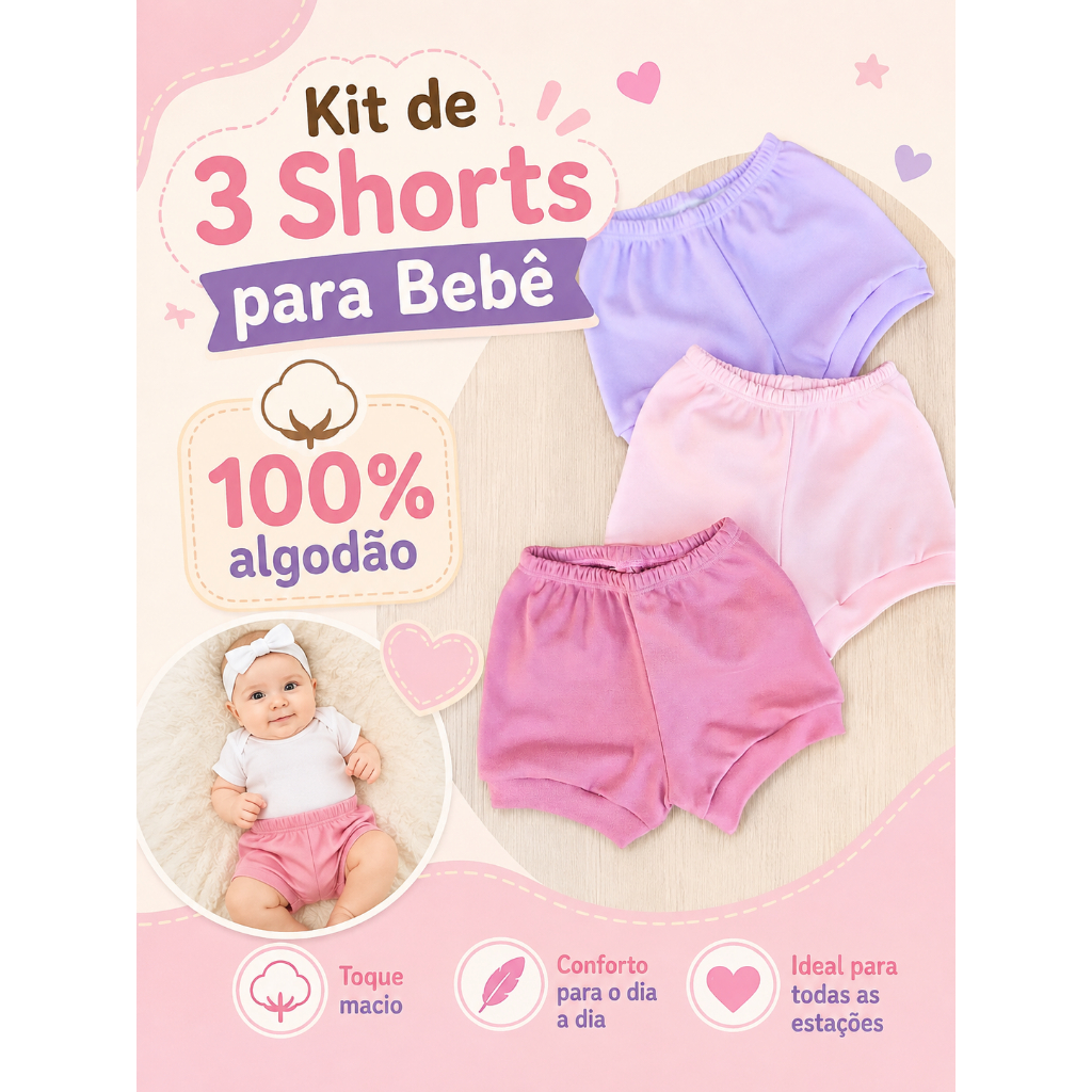 kit 3 Shorts Tapa Fralda para Bebê em Malha 100% Algodão  Enxoval Maternidade