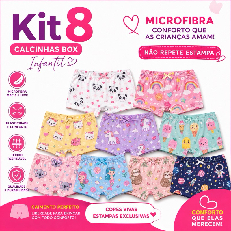 Kit calcinha shortinho box, infantil estampada menina, microfibra , elastano, cós embutico, tamanhos 2,3,4,5,6,7,8 anos.