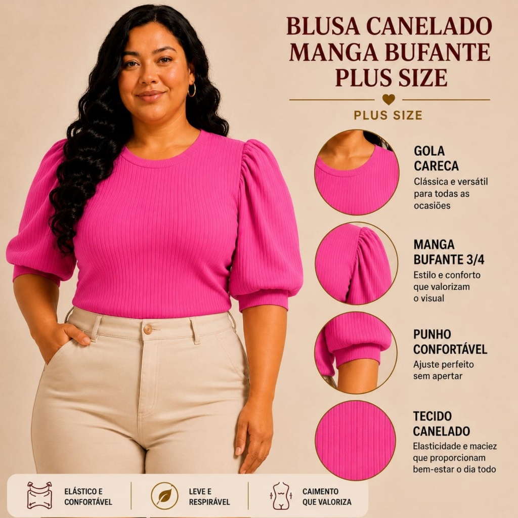 Blusinha Plus Size Feminina Manga Curta Casual Canelado Gola Redonda