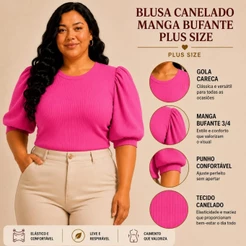 Blusinha Plus Size Feminina Manga Curta Casual Canelado Gola Redonda