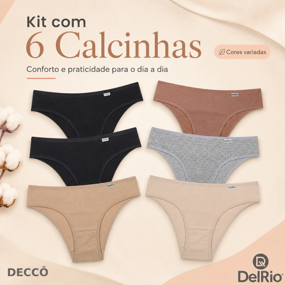Kit 6 Calcinhas DelRio Biquíni Cotton Algodão Confortável Feminina Uso Diário