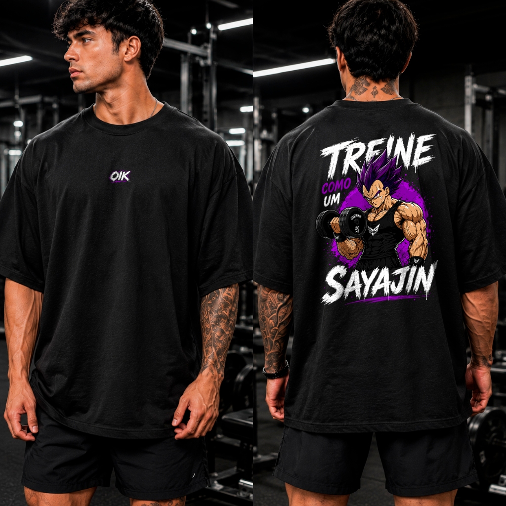 Camiseta Oversized Masculina Academia Gym Treino Vegeta Saiyajin Dragon Ball Musculação Streetwear Estampa Costas