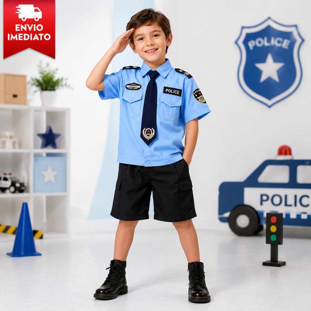 Fantasia Policial Infantil Menino Camisa Shorts Dia das Crianças Festa à Fantasia