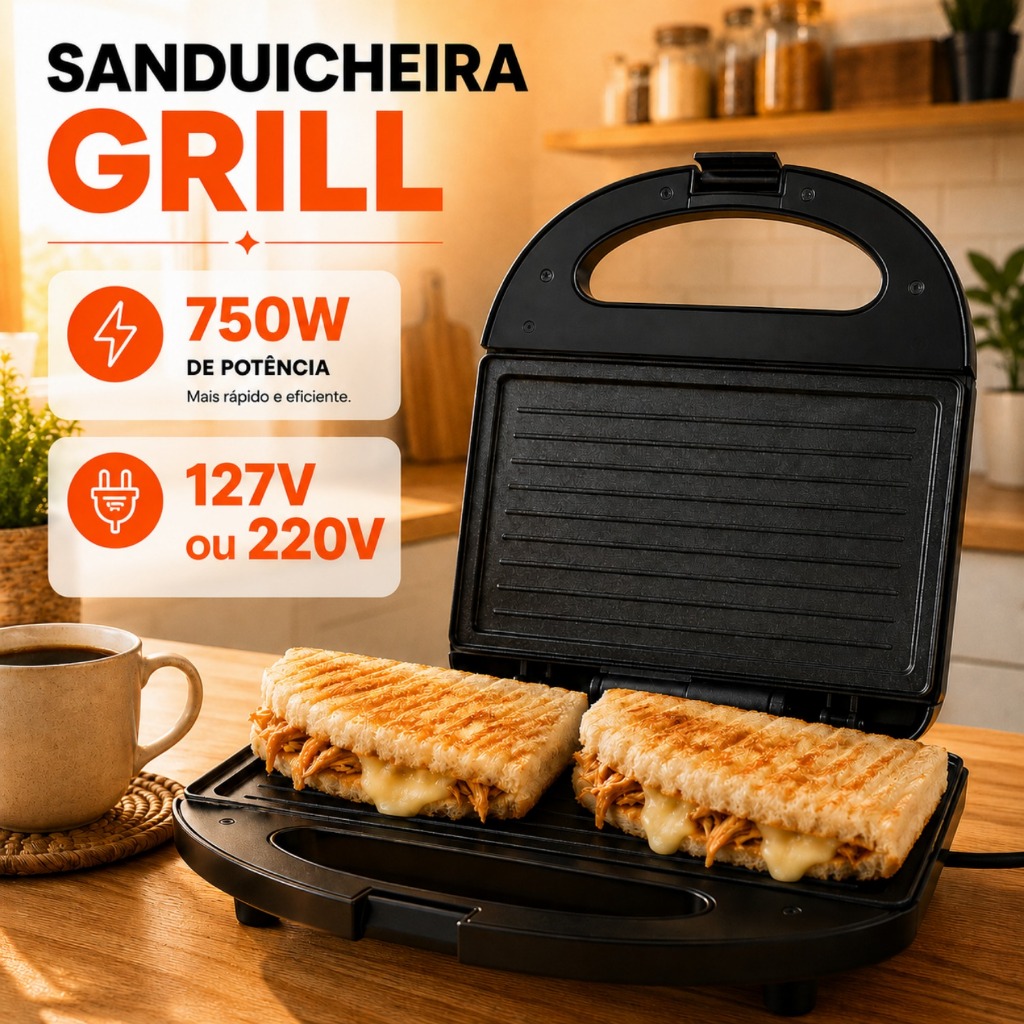 Sanduicheira Elétrica Grill Preto 127V ou 220V Antiaderente 750W Sanduíches Lancheira Compacta Chapa Lisa