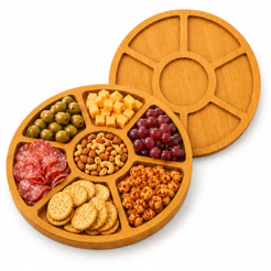 Tábua Petiscos Roda Tipo Bambu 7 Divisórias MDF 29cm Aperitivo Churrasco Festa petisqueira para frios