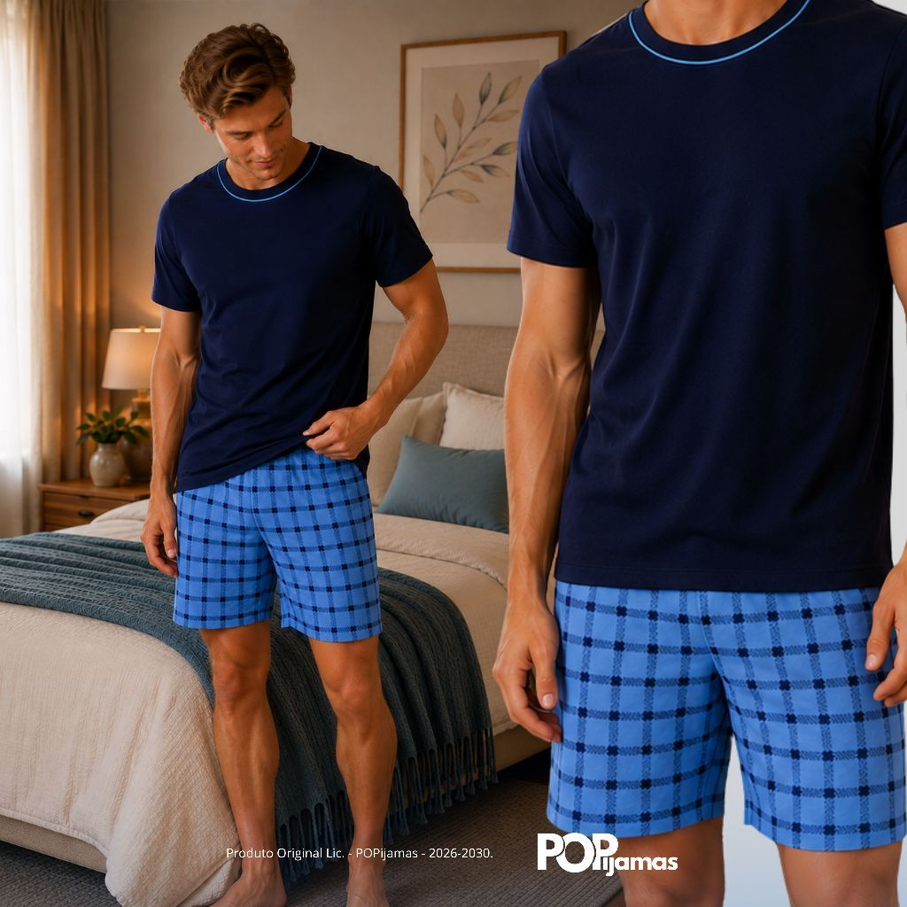 Pijama Adulto Masculino Verão Camisa e Short Xadrez Roupa de Dormir Confortável Elegante POP