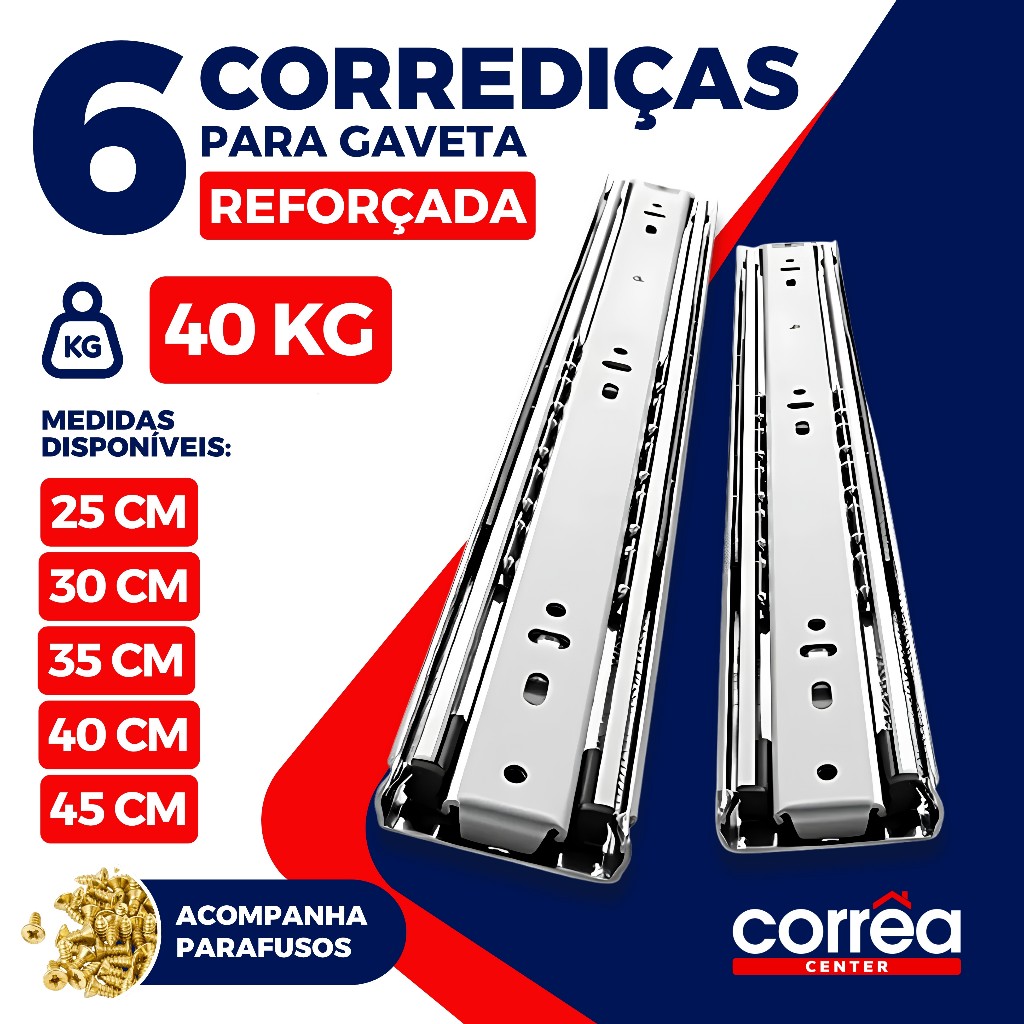 Corrediça Telescópica REFORÇADA 40KG Trilho Gaveta Aço 25 30 35 40 45cm Armário Cozinha Móveis 6 Unidades