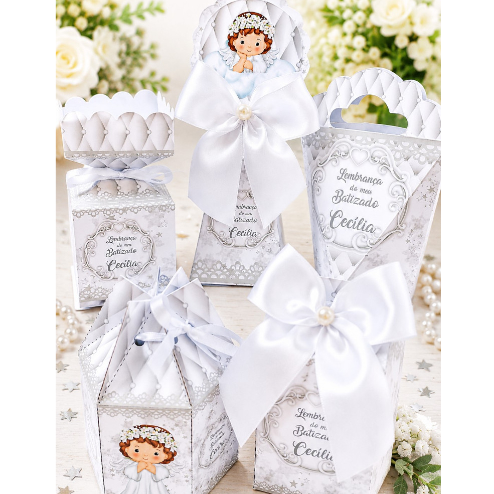 Kit Caixa Festa Personalizado BRANCO MENINA 1.0 ANJINHA MORENA / Lembrançinhas Caixinhas para festa de Batizado