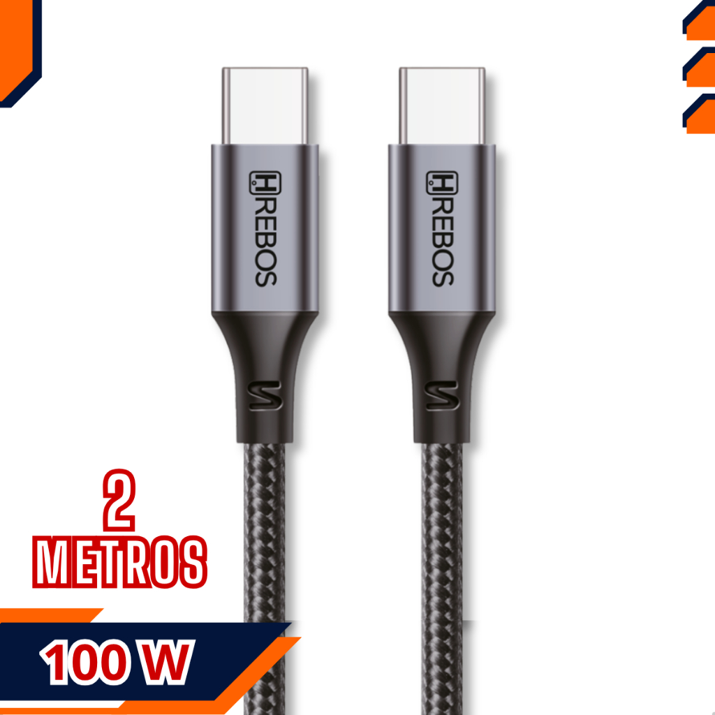 Cabo Tipo-C Turbo 100W - 2 Metros Celular Notebook Macbook Carregador e Transferência de Dados 3.1A